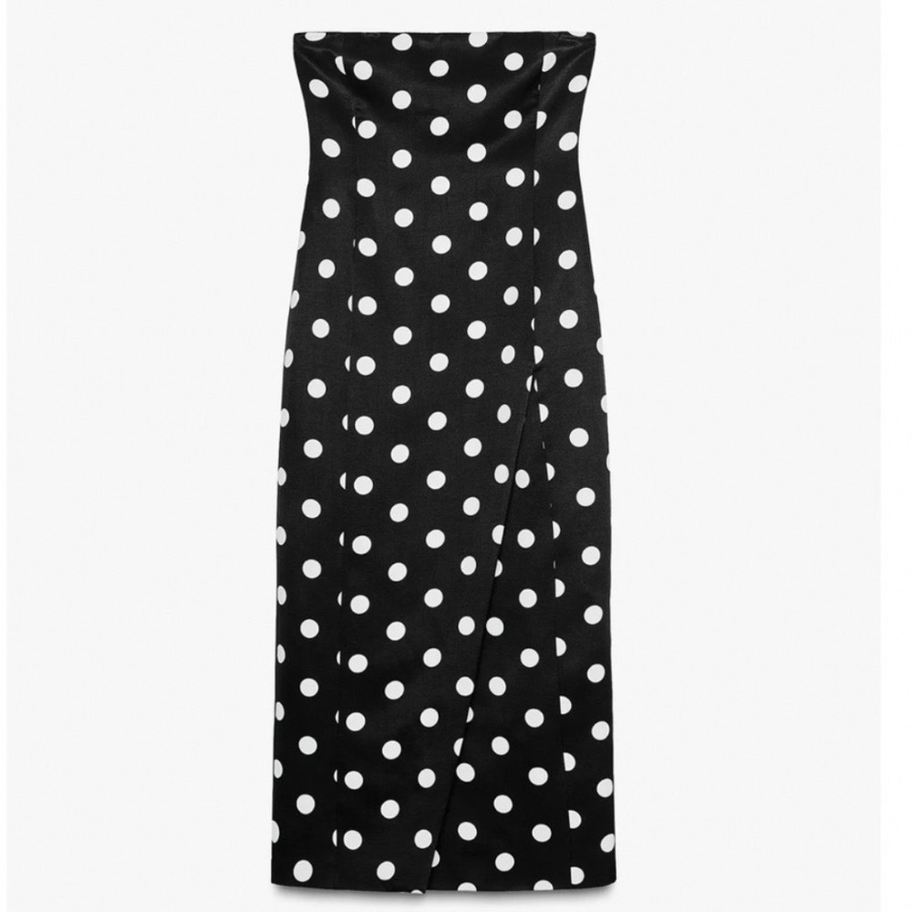 Zara Black and White Polka Dot Strapless Midi Dress with Front Overlap